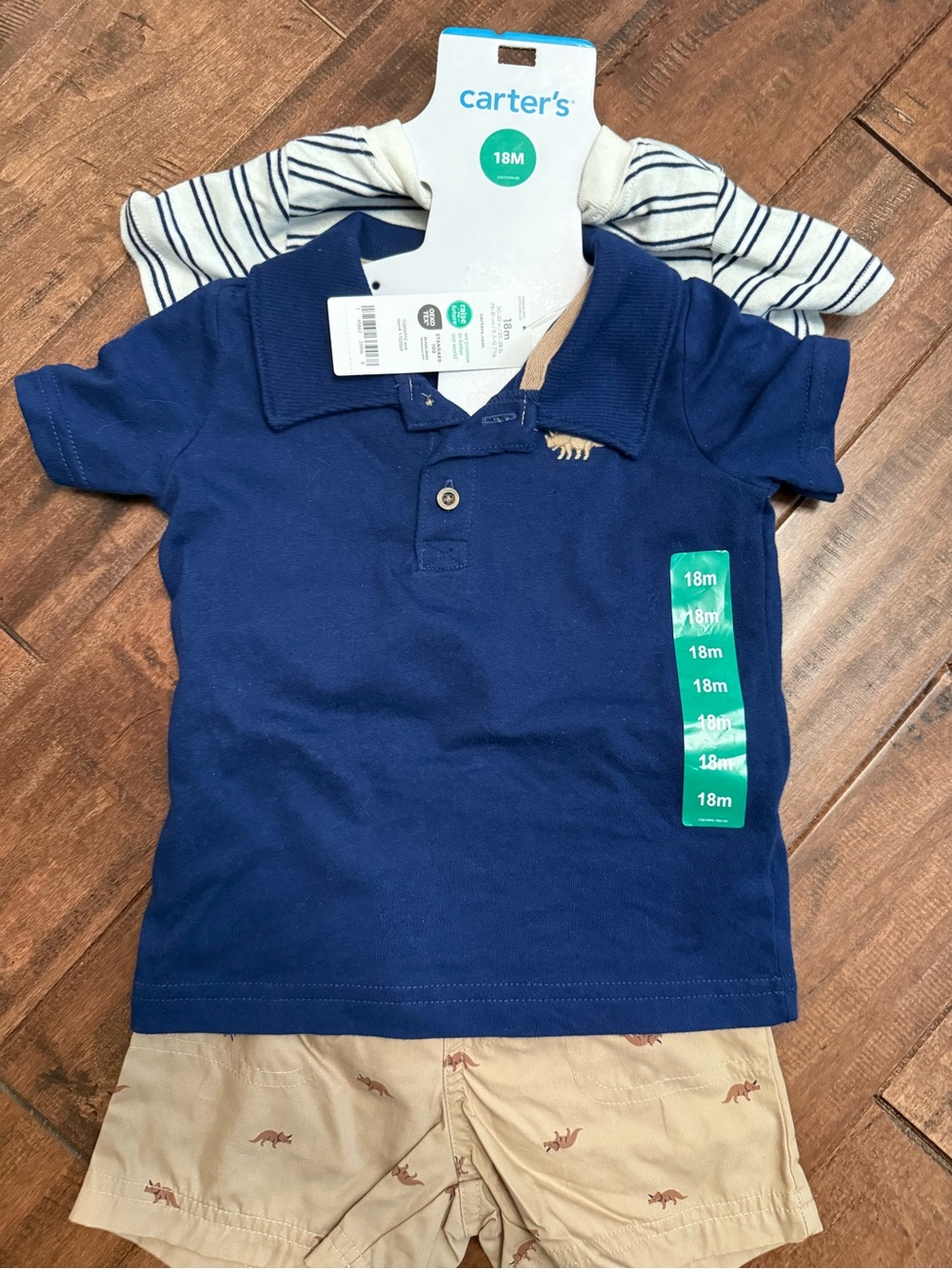 NWT Carter's Navy Polo and Tan Dino Shorts Matching Set plus cute striped onesie